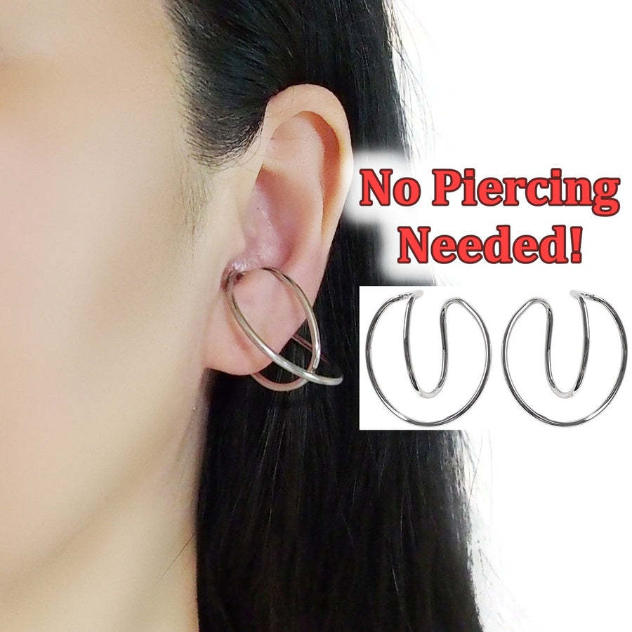 Silver Double Hoop Ear Cuff Clip On Earrings