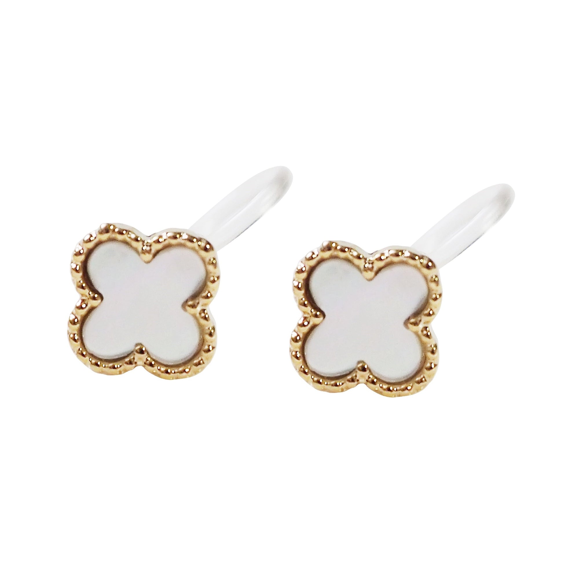 Gold Four Leaf Mother Of Pearl Invisible Clip On Stud Earrings