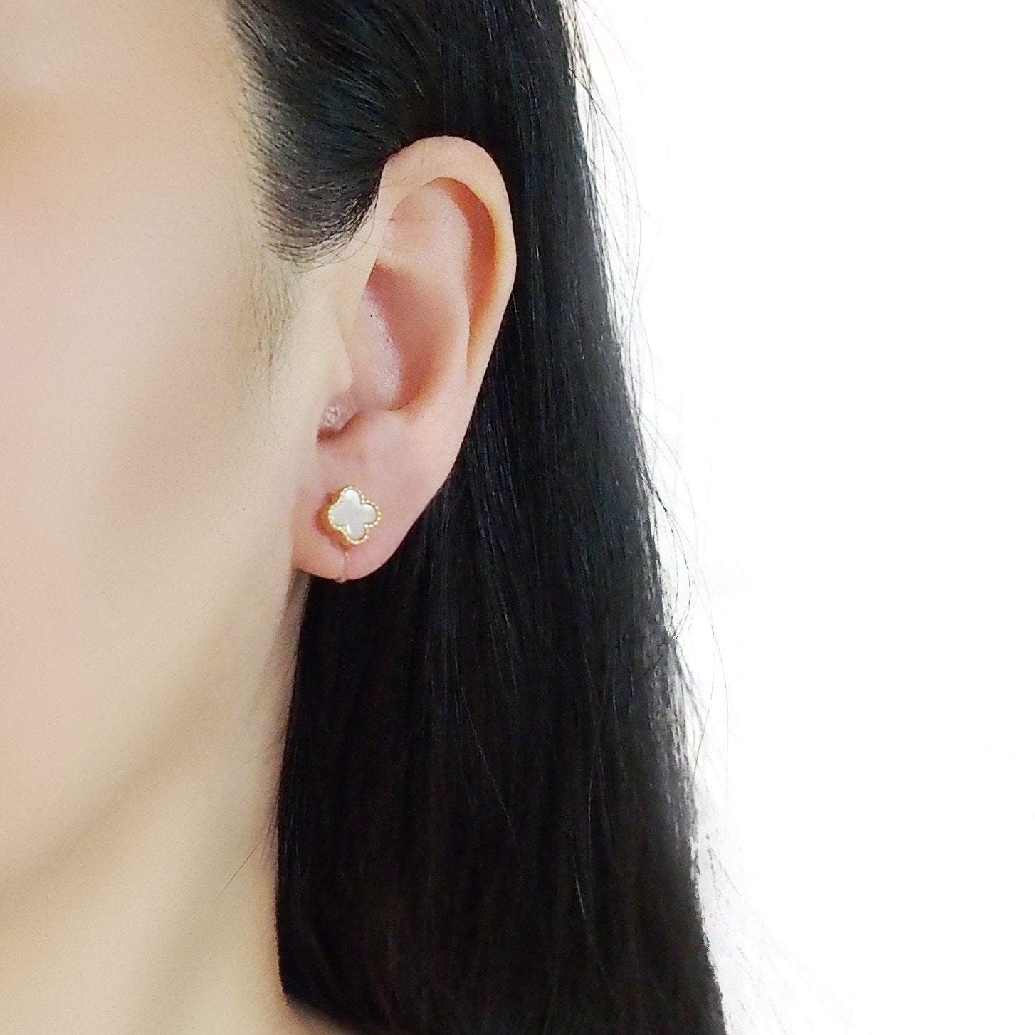 Gold Four Leaf Mother Of Pearl Invisible Clip On Stud Earrings