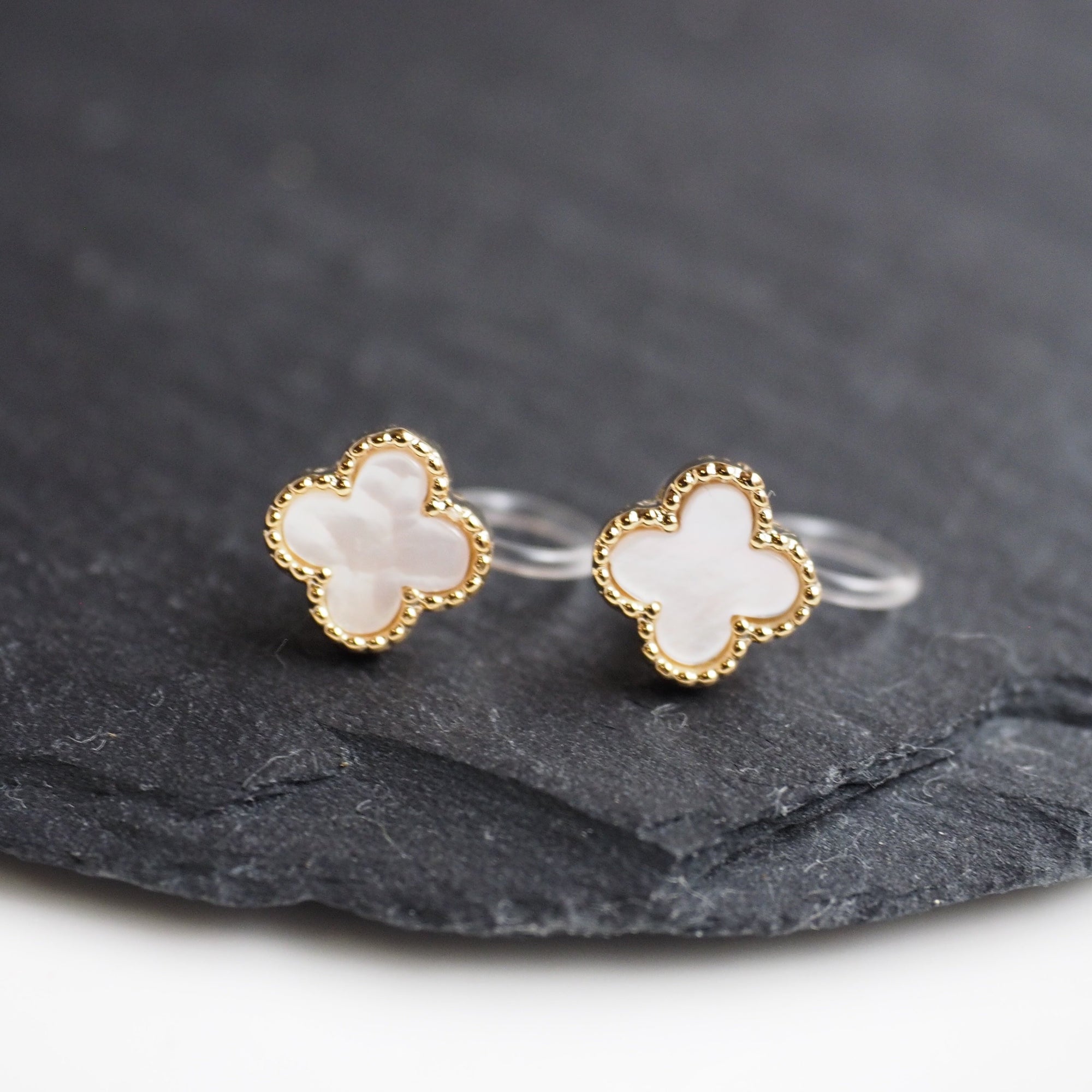 Gold Four Leaf Mother Of Pearl Invisible Clip On Stud Earrings