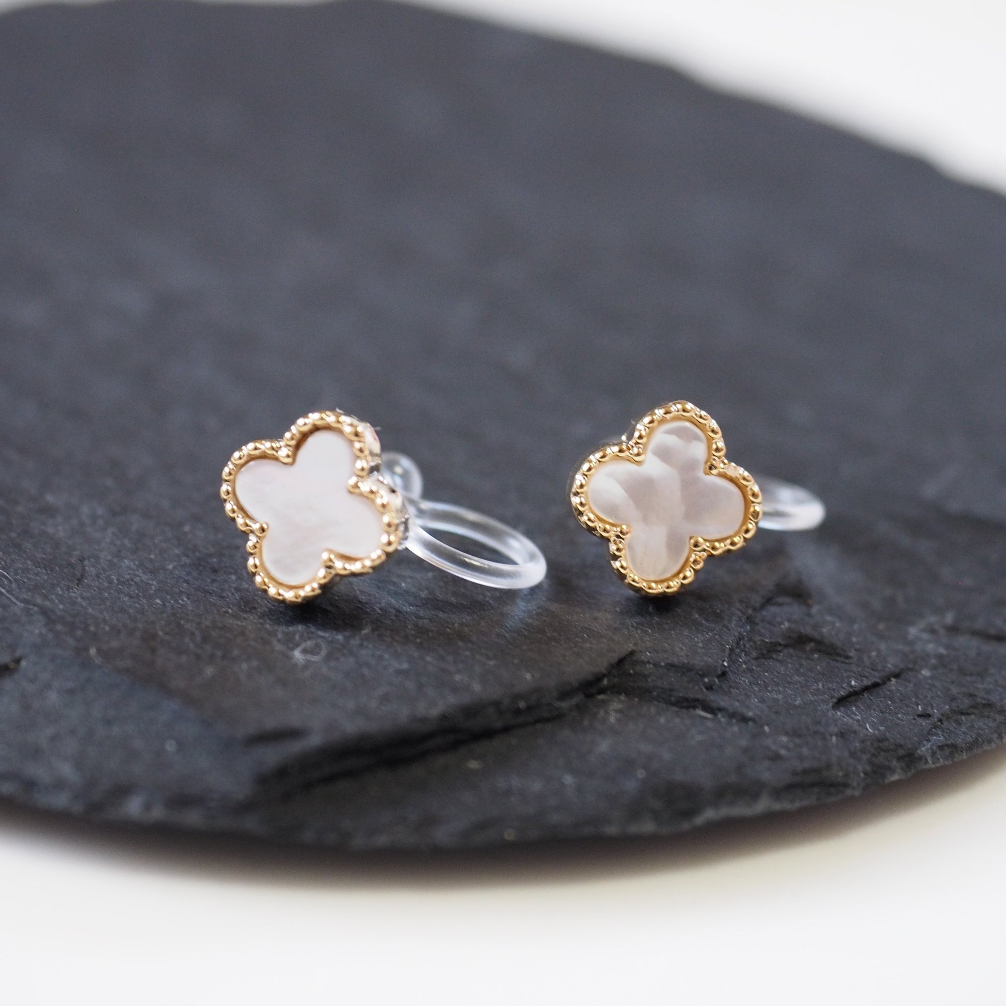 Gold Four Leaf Mother Of Pearl Invisible Clip On Stud Earrings