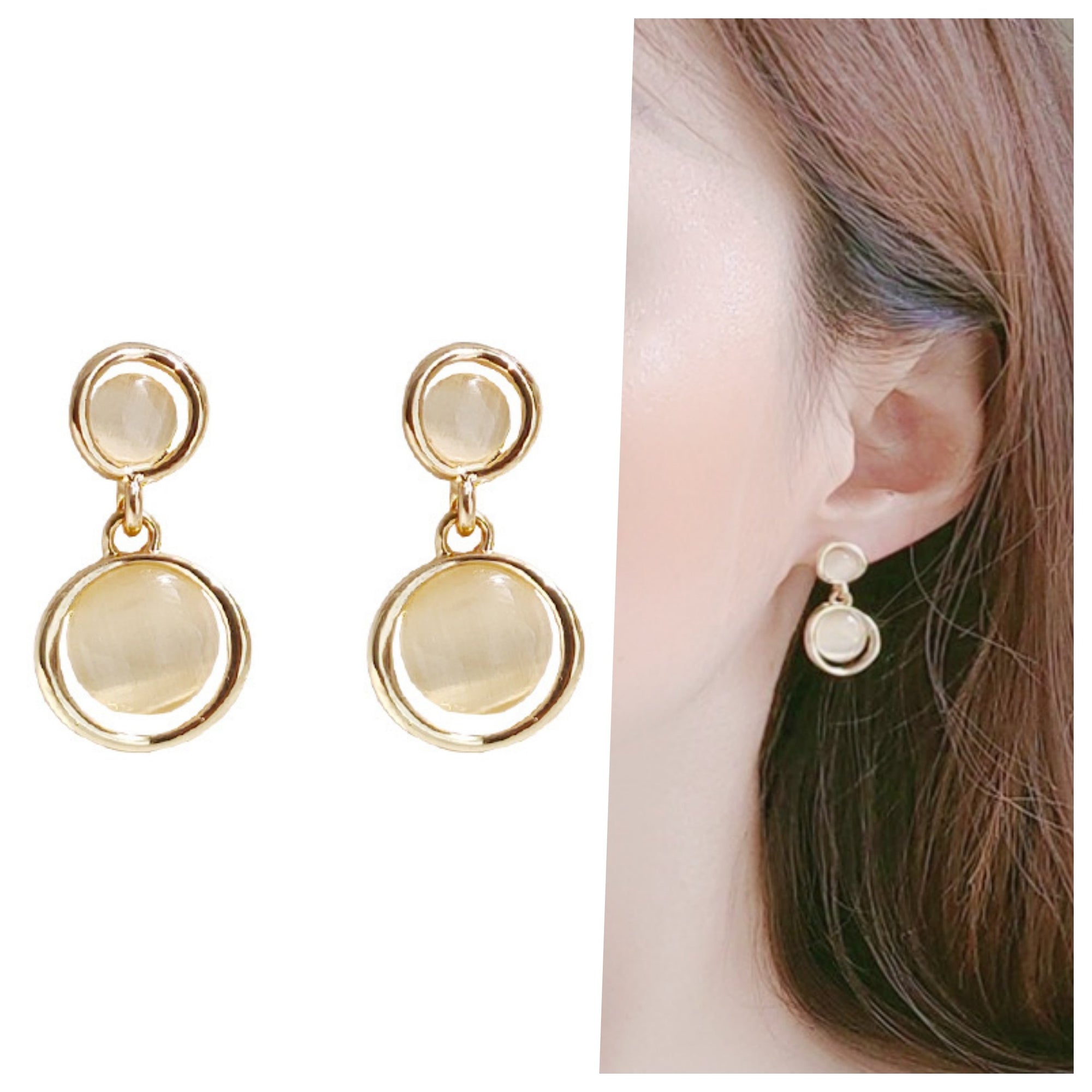 Dangle Rounded Lucent Beige Crystal Rhinsetone Invisible Clip On Earrings