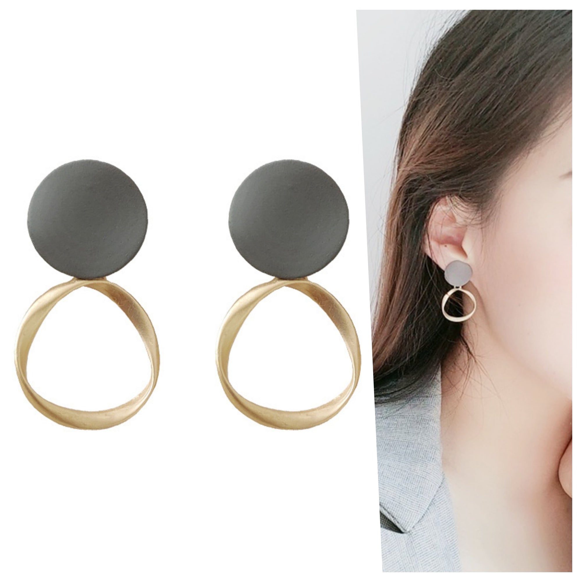 Gray Round Plate Gold Hoop Invisible Clip On Earrings