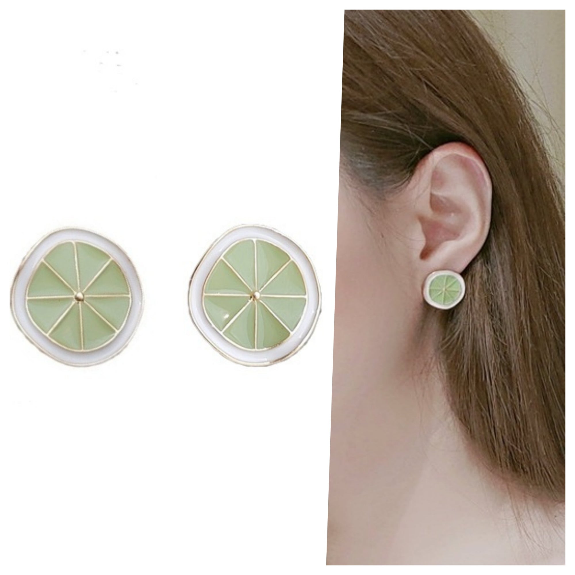 Green Lime Fruits Sliced Invisible Clip On Earrings