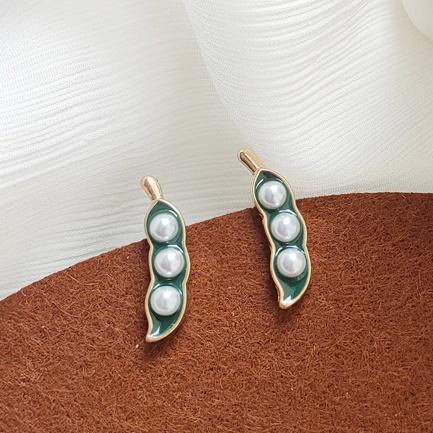 Green Pea White Pearl Beans Invisible Clip On Earrings