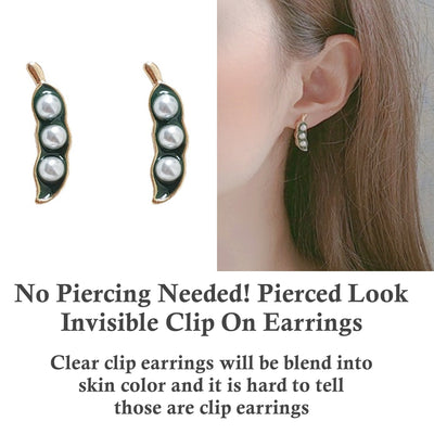 Green Pea White Pearl Beans Invisible Clip On Earrings