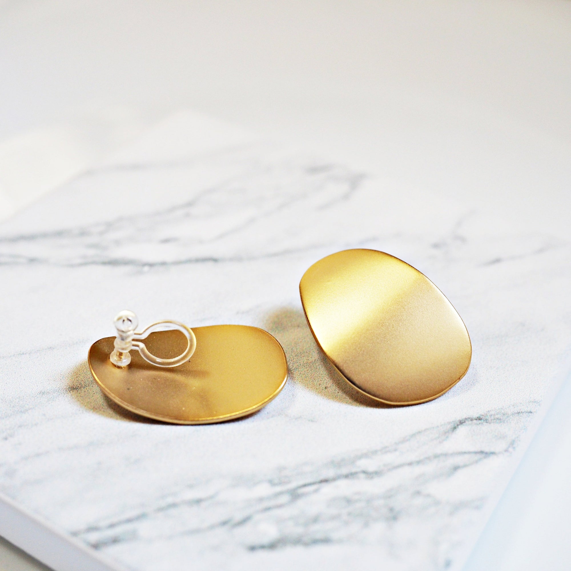 Large Organic Shaped Gold Flat Invisible Clip On Earrings