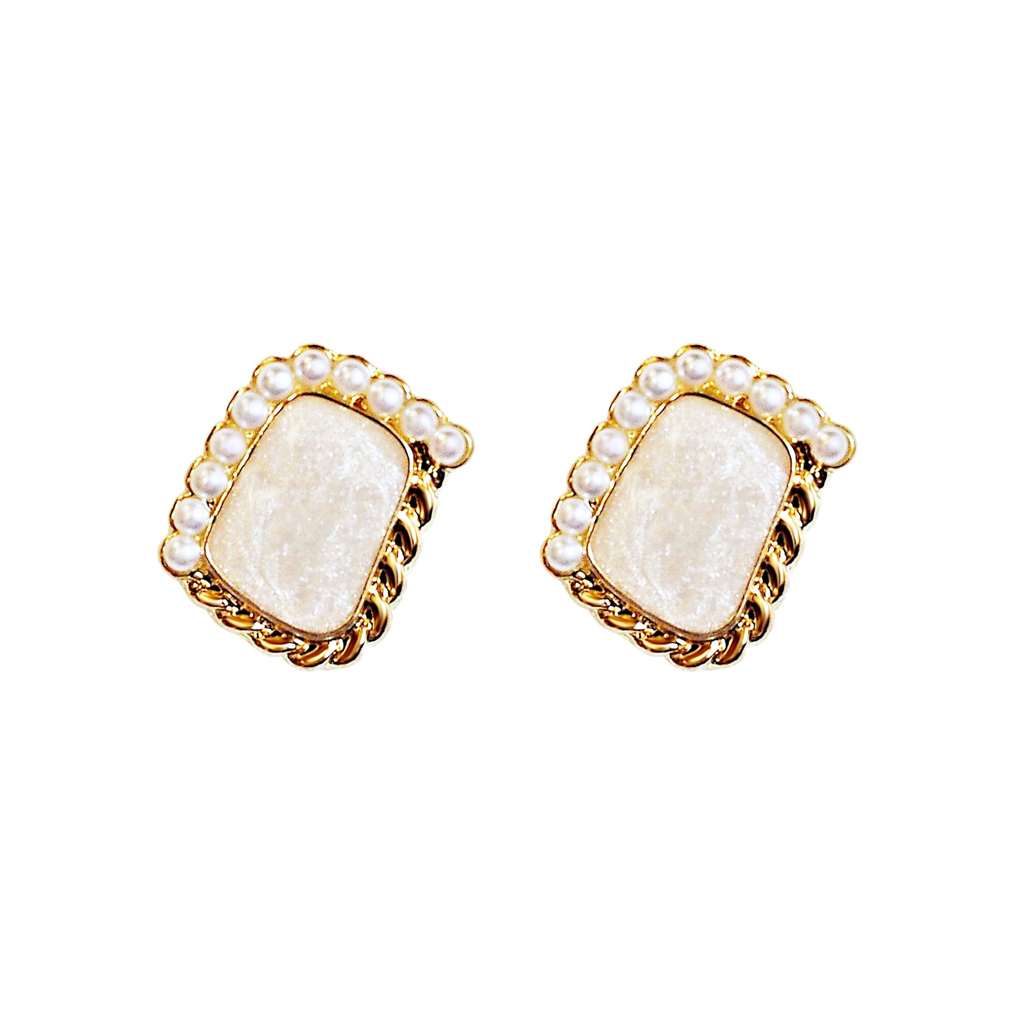 Organic Shaled Square White Pearl Crystal Rhienstone Invisible Clip On Earrings