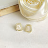 Organic Shaled Square White Pearl Crystal Rhienstone Invisible Clip On Earrings