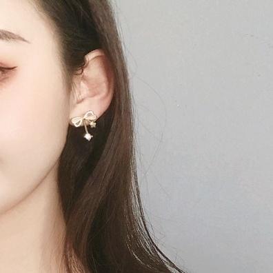 Ribbon Shaped Beige Crystal Rhinetone Bow Tie Invisible Clip On Earrings