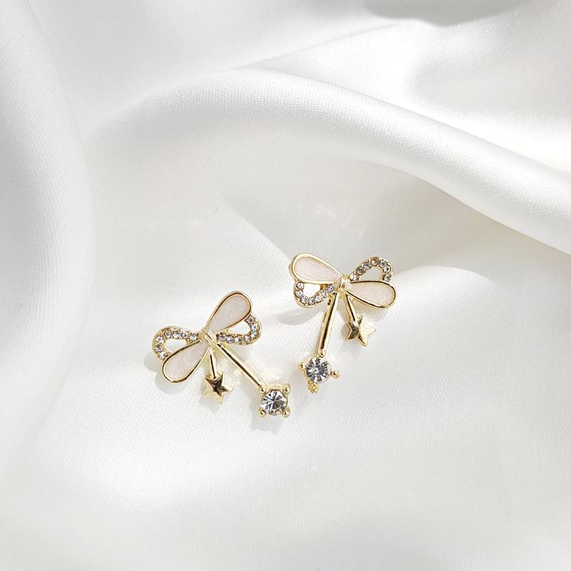 Ribbon Shaped Beige Crystal Rhinetone Bow Tie Invisible Clip On Earrings