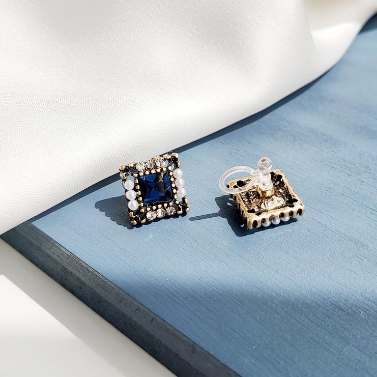 Square Navy Blue Crystal Rhinestone Vinage Style Pearl Invisible Clip On Earrings