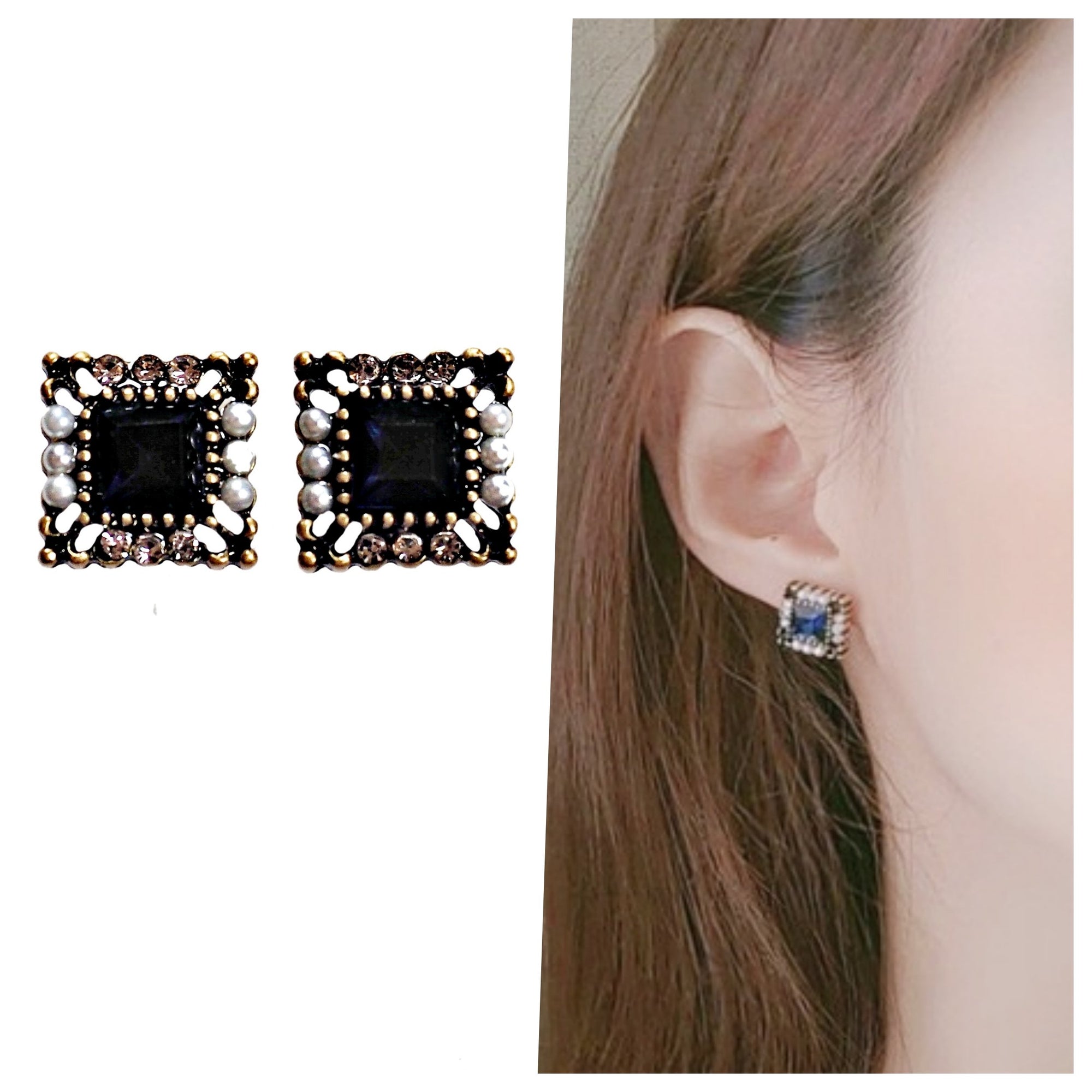 Square Navy Blue Crystal Rhinestone Vinage Style Pearl Invisible Clip On Earrings