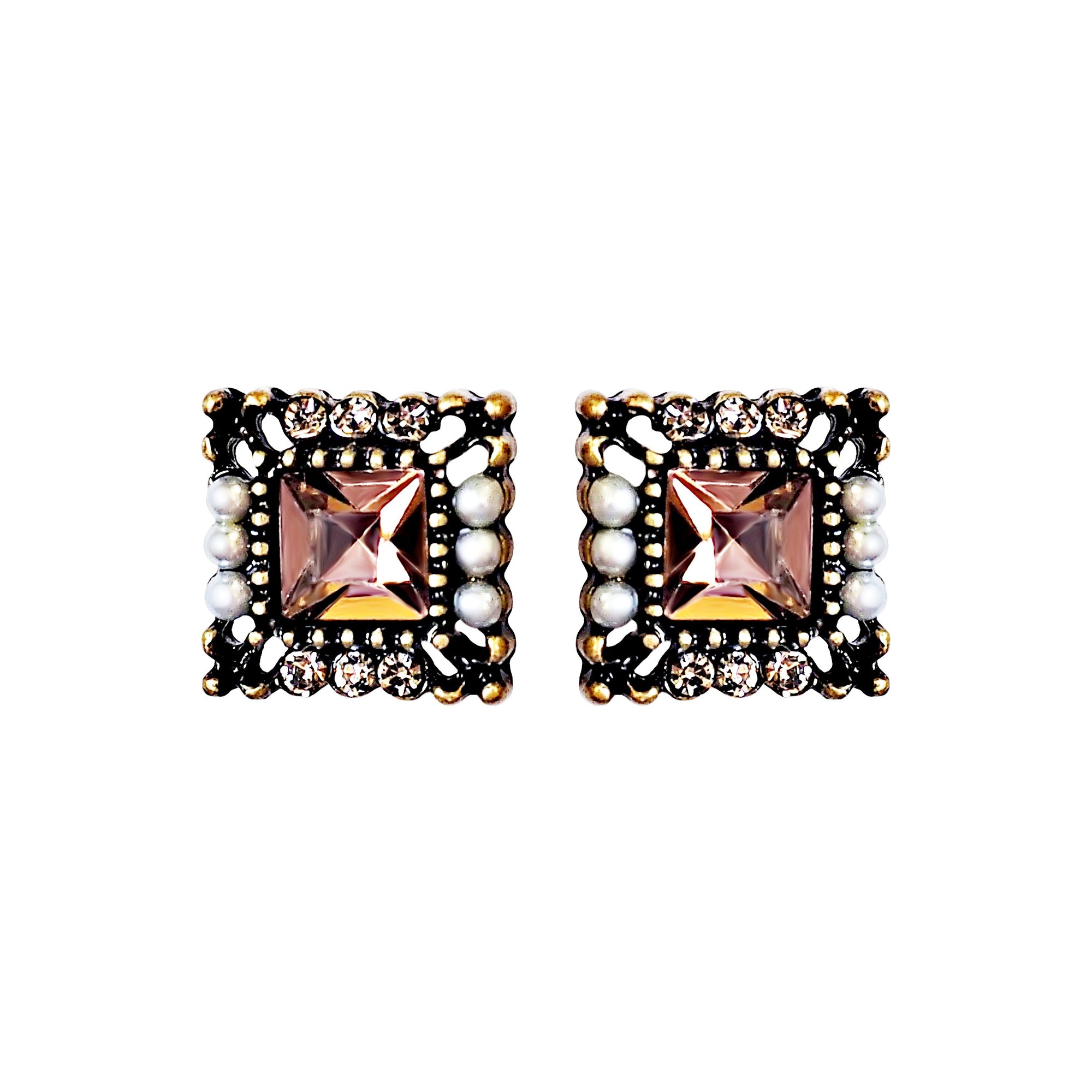 Square Pink Crystal Rhinestone Vinage Style Pearl Invisible Clip On Earrings