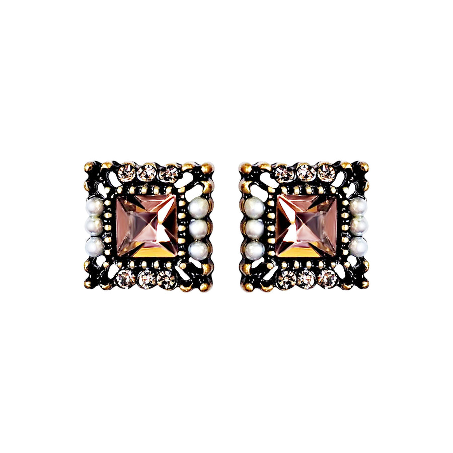 Square Pink Crystal Rhinestone Vinage Style Pearl Invisible Clip On Earrings