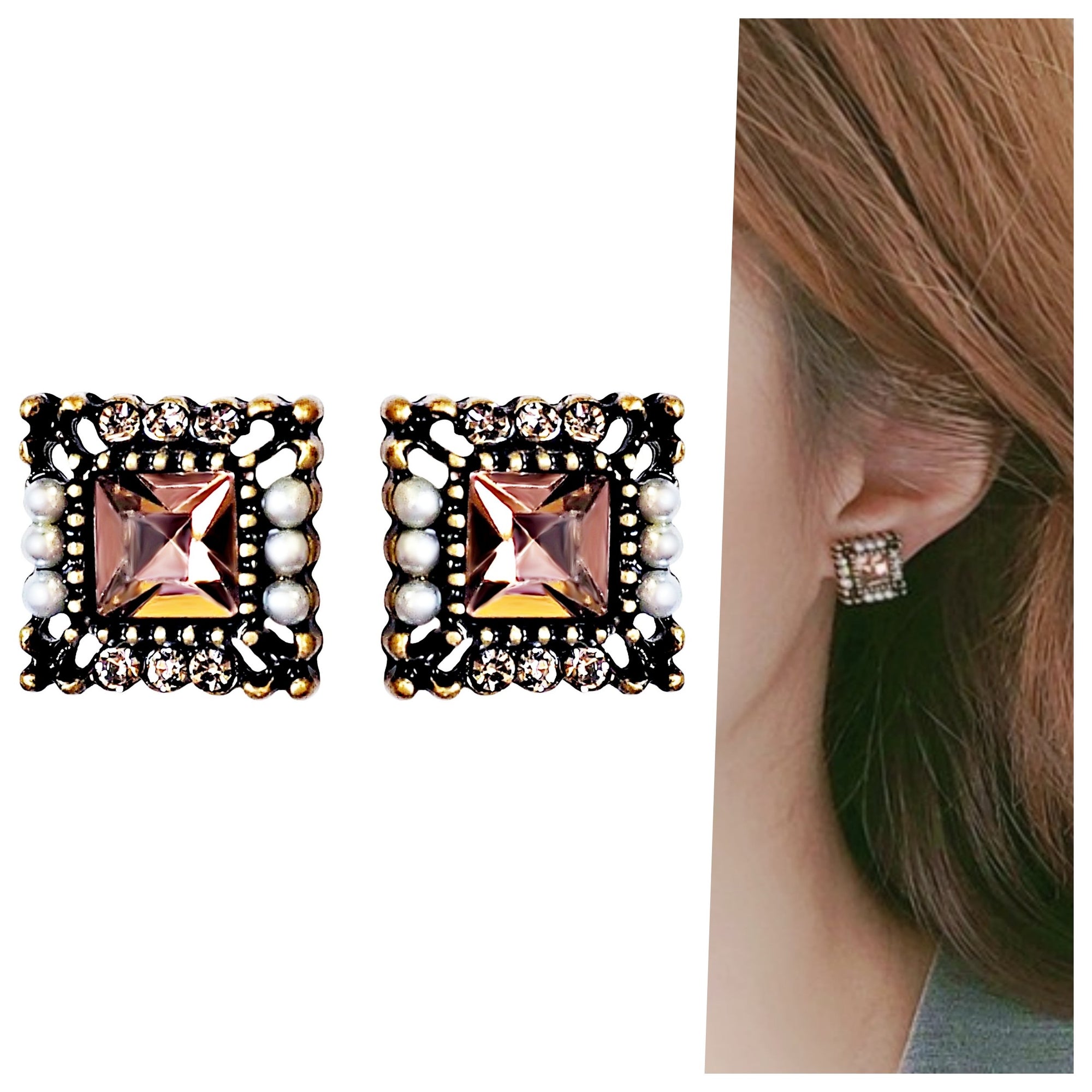 Square Pink Crystal Rhinestone Vinage Style Pearl Invisible Clip On Earrings