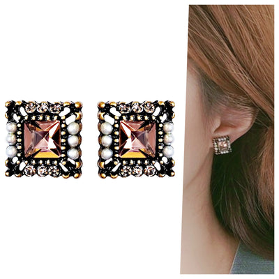 Square Pink Crystal Rhinestone Vinage Style Pearl Invisible Clip On Earrings