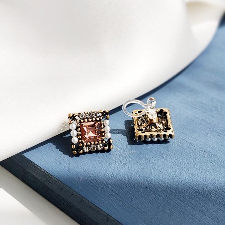 Square Pink Crystal Rhinestone Vinage Style Pearl Invisible Clip On Earrings