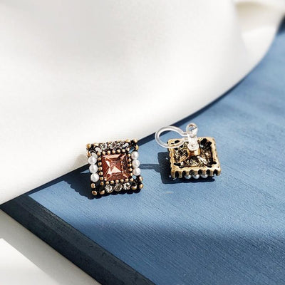 Square Pink Crystal Rhinestone Vinage Style Pearl Invisible Clip On Earrings