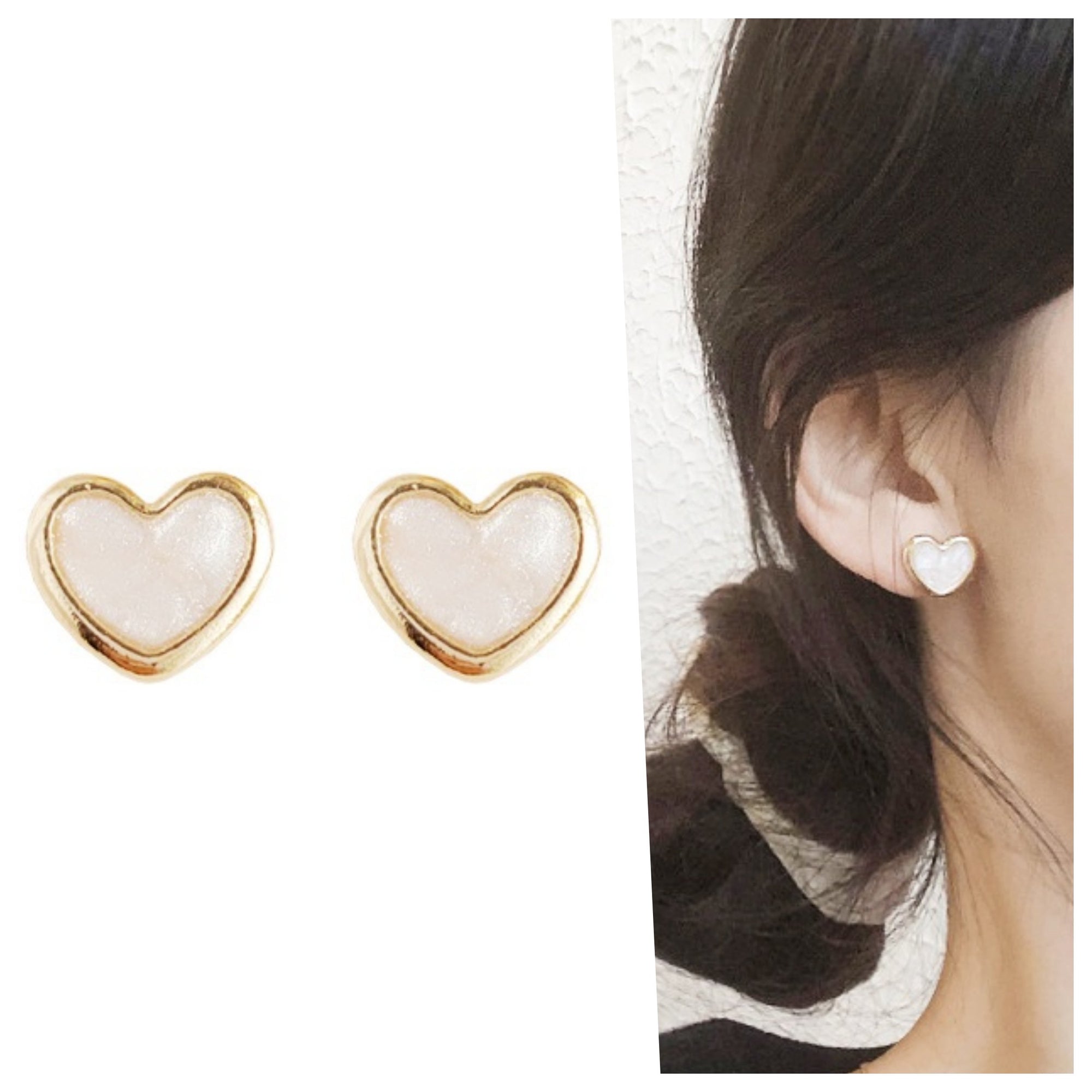 White Heart Crystal Rhinestone Invisible Clip On Earrings