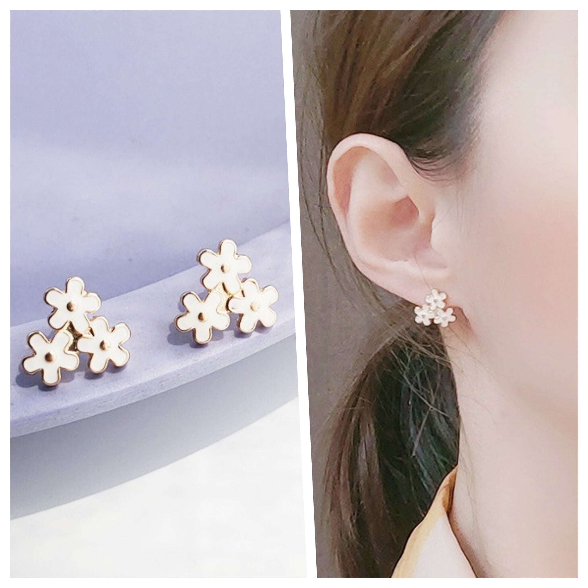 White Three Small Flowers Invisible Clip On Earrings