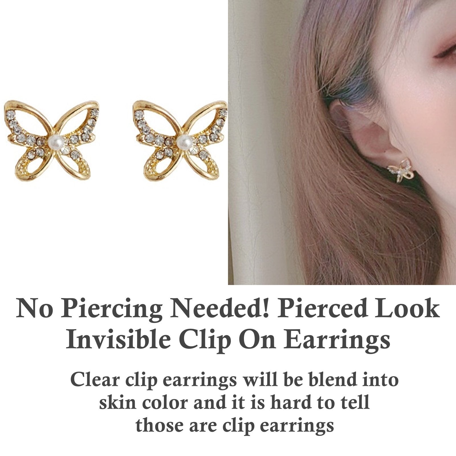 Butterflies Pearl Crystal Rhinestone Invisible Clip On Earrings