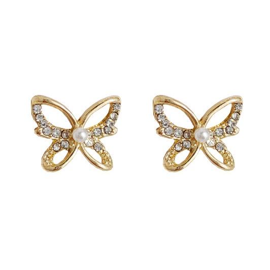 Butterflies Pearl Crystal Rhinestone Invisible Clip On Earrings