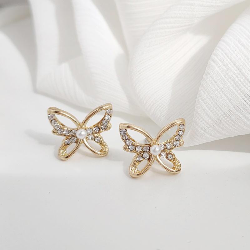 Butterflies Pearl Crystal Rhinestone Invisible Clip On Earrings