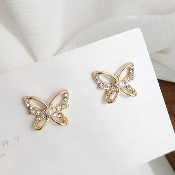 Butterflies Pearl Crystal Rhinestone Invisible Clip On Earrings