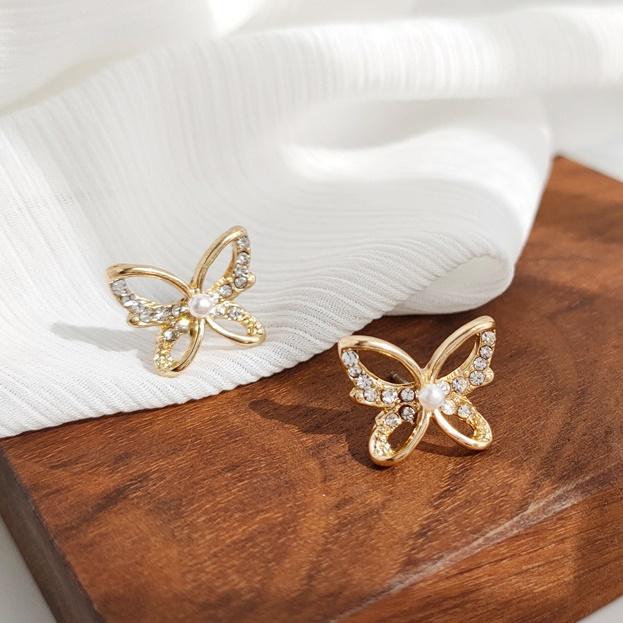 Butterflies Pearl Crystal Rhinestone Invisible Clip On Earrings