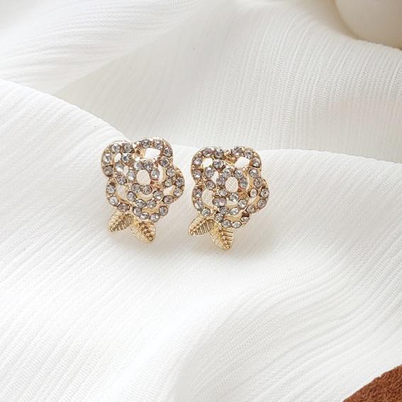 Clear Crystal Rhinestone Rose Invisible Clip On Earrings