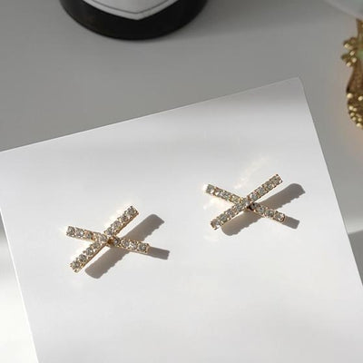 Crystal Rhinestone Pave Gold Cross Invisible Clip On Earrings