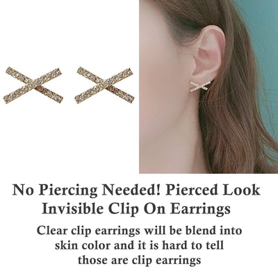 Crystal Rhinestone Pave Gold Cross Invisible Clip On Earrings