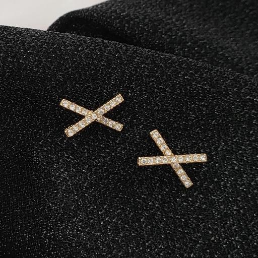 Crystal Rhinestone Pave Gold Cross Invisible Clip On Earrings