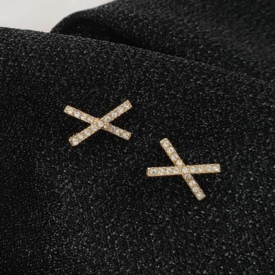 Crystal Rhinestone Pave Gold Cross Invisible Clip On Earrings