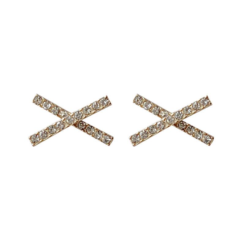 Crystal Rhinestone Pave Gold Cross Invisible Clip On Earrings