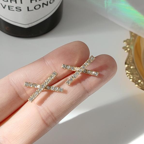 Crystal Rhinestone Pave Gold Cross Invisible Clip On Earrings
