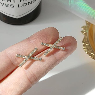 Crystal Rhinestone Pave Gold Cross Invisible Clip On Earrings
