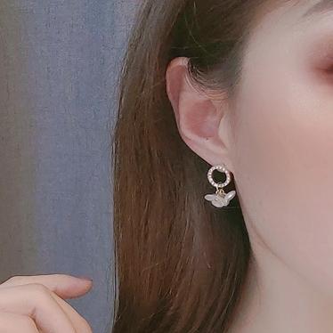 Crystal Rhinestone Pave With White Flower Invisible Clip On Earrings