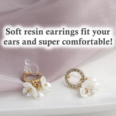 Crystal Rhinestone Pave With White Flower Invisible Clip On Earrings