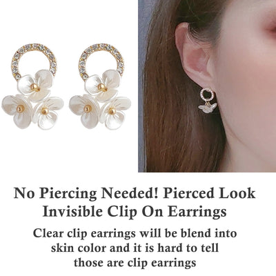 Crystal Rhinestone Pave With White Flower Invisible Clip On Earrings