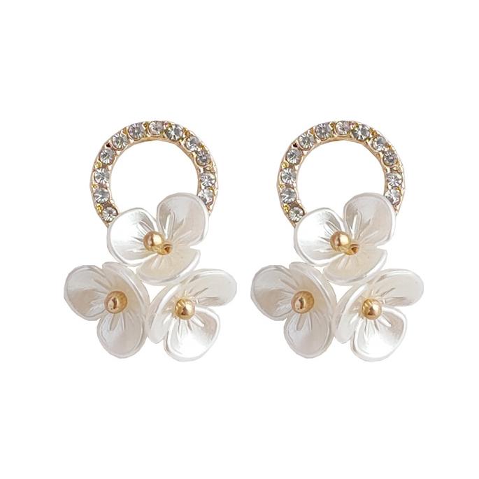 Crystal Rhinestone Pave With White Flower Invisible Clip On Earrings