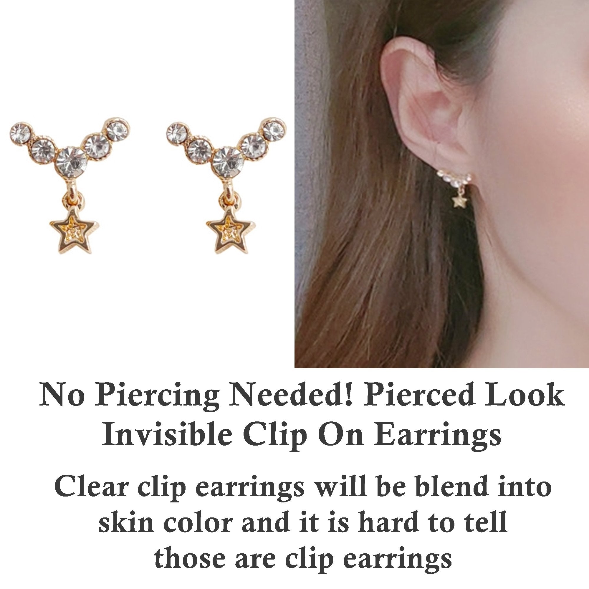Dangle Crystal Rhinestone Star Invisible Clip On Earrings