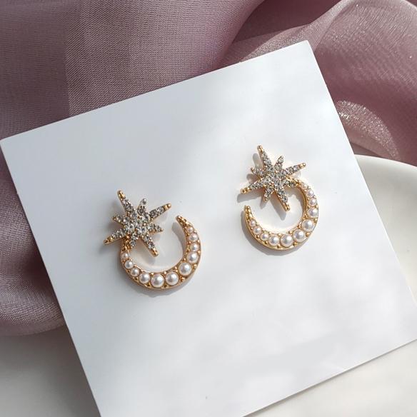 Crystal Rhinestone Star White Pearl Moon Invisible Clip On Earrings