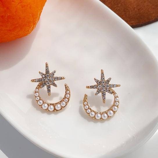 Crystal Rhinestone Star White Pearl Moon Invisible Clip On Earrings