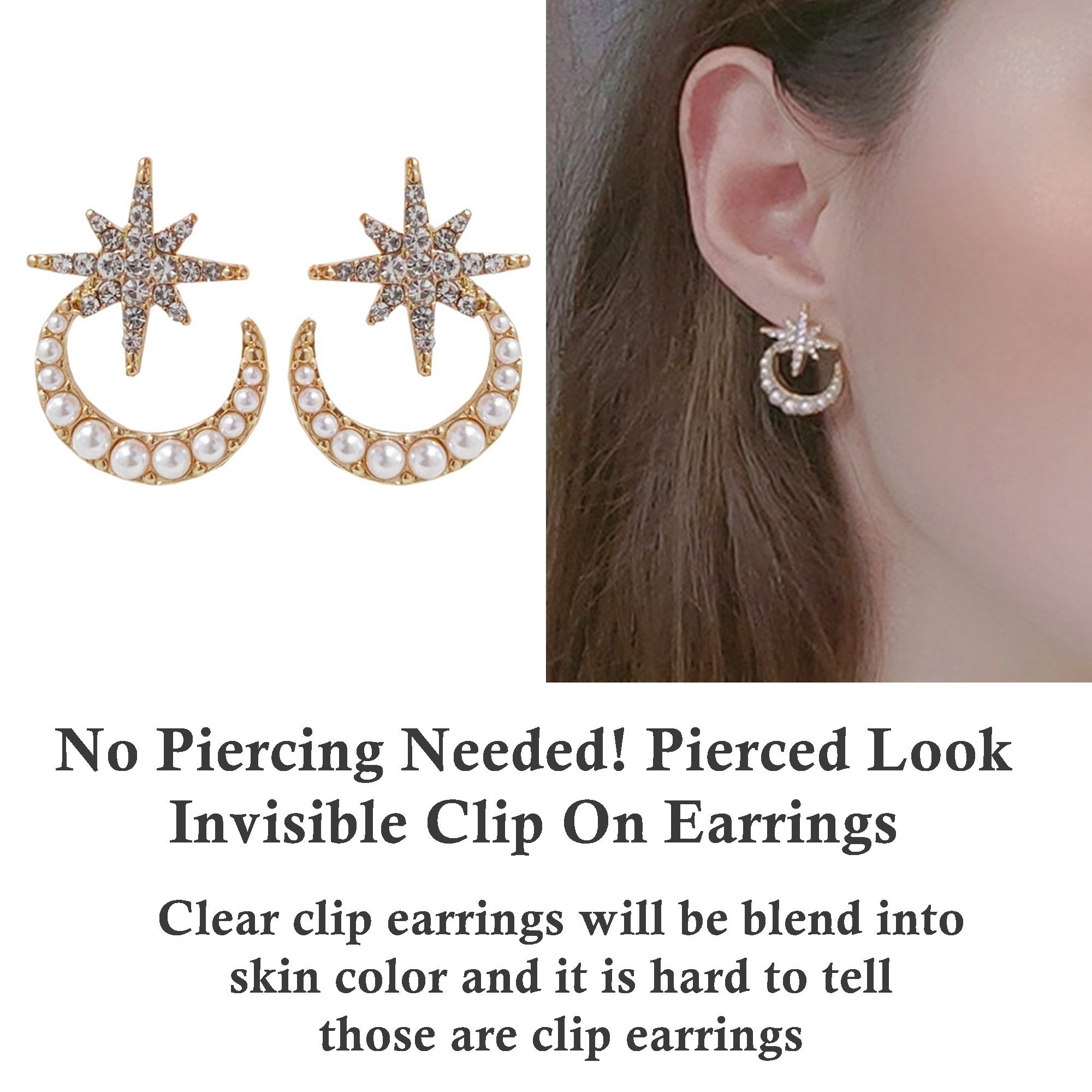 Crystal Rhinestone Star White Pearl Moon Invisible Clip On Earrings