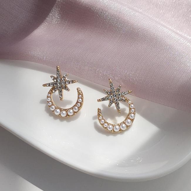 Crystal Rhinestone Star White Pearl Moon Invisible Clip On Earrings