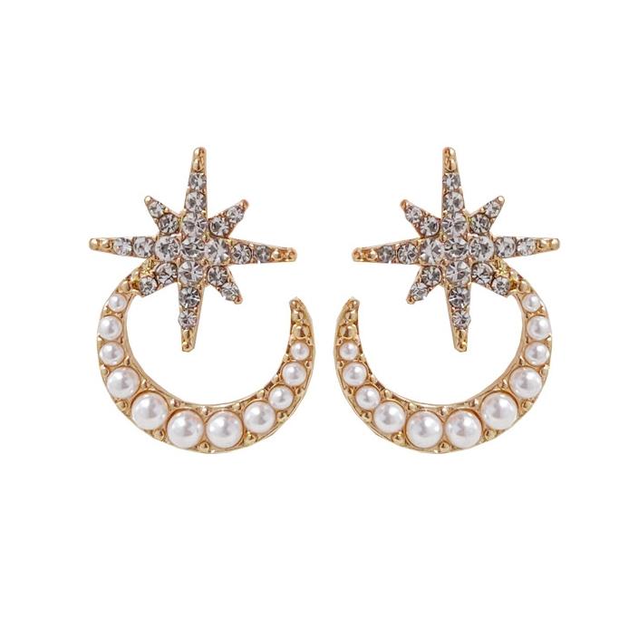 Crystal Rhinestone Star White Pearl Moon Invisible Clip On Earrings