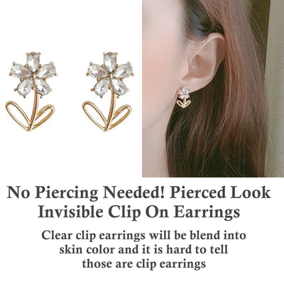 Flower Clear Crystal Rhinestone Invisible Clip On Earrings