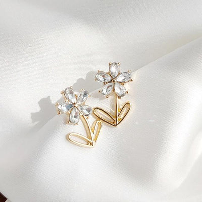 Flower Clear Crystal Rhinestone Invisible Clip On Earrings